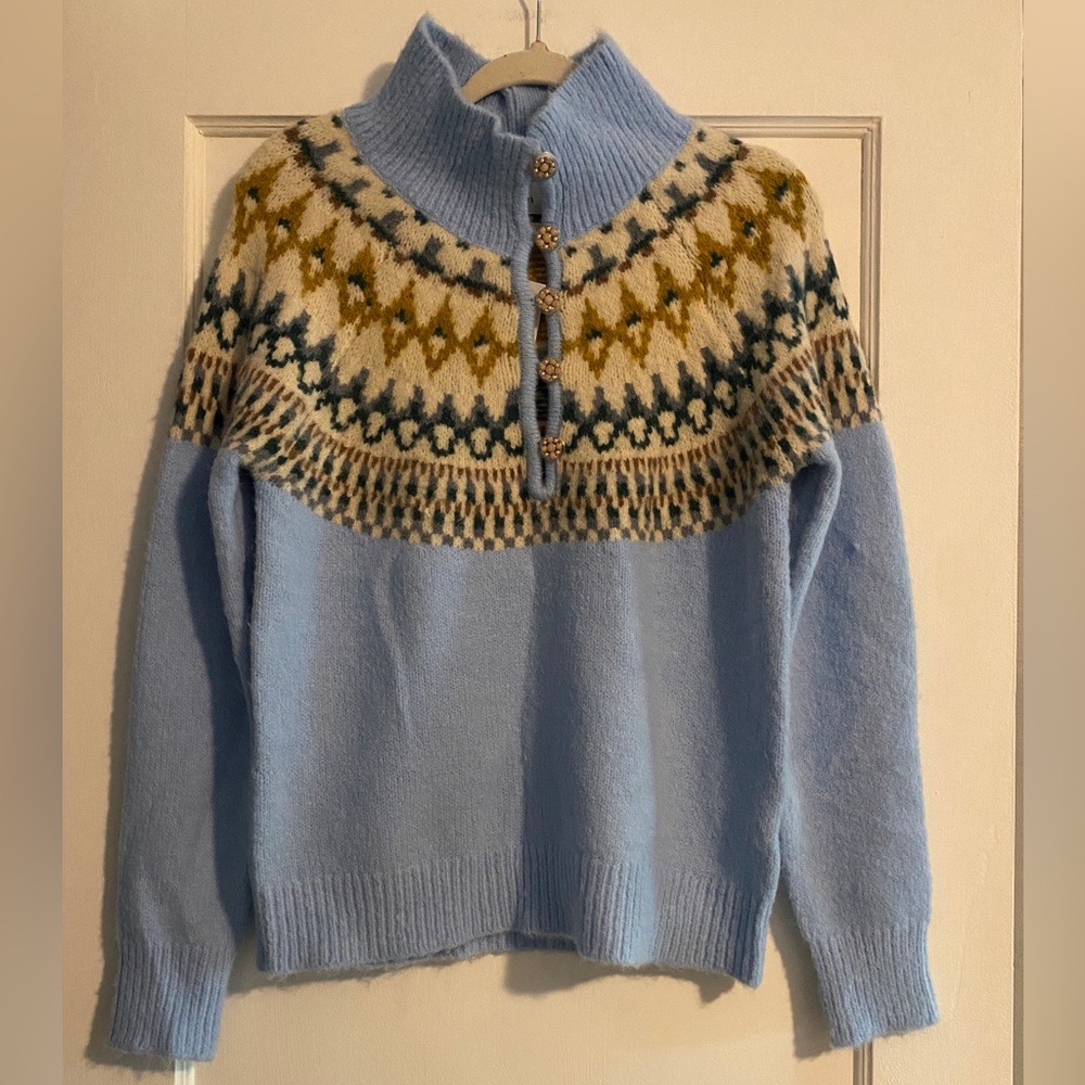 NWT Heartloom Olly Decorative Button Neck Sweater Blue Gold Size Large